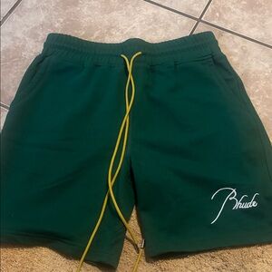 Rhude Dark Green Athletic Shorts with Yellow Drawstring